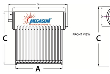 Thông số kích thước máy nước nóng năng lượng mặt trời MEGASUN là bao nhiêu?